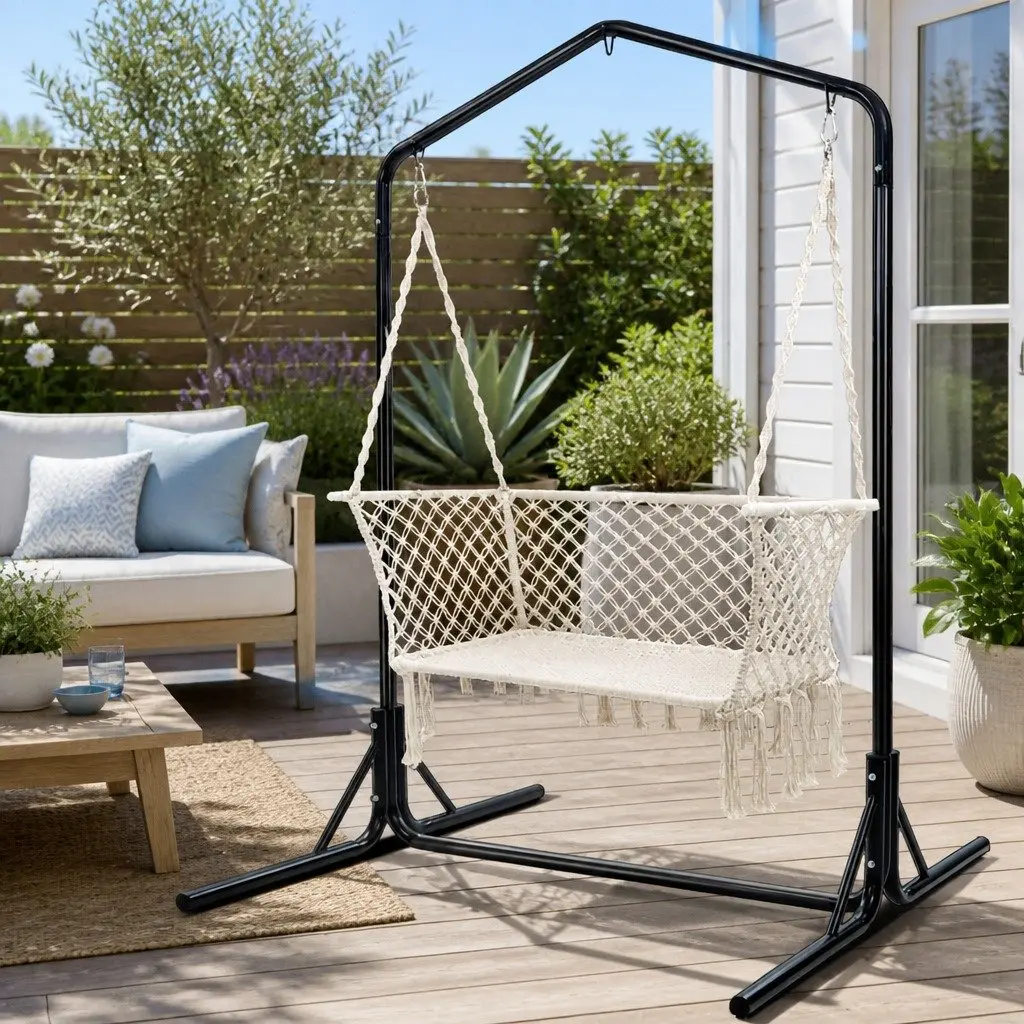 Hammock Chair with Stand 2 Seater Outdoor Garden Relaxation Cream Macrame