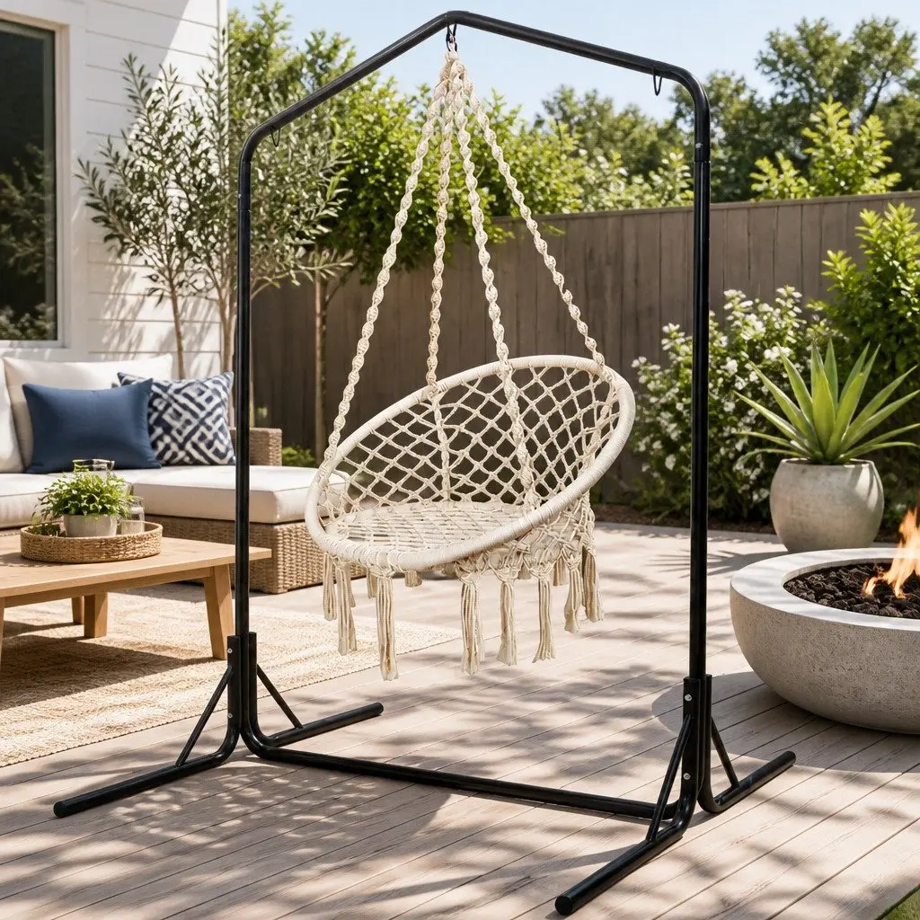 Cotton Hammock Chair with Sturdy Stand Cream 124CM