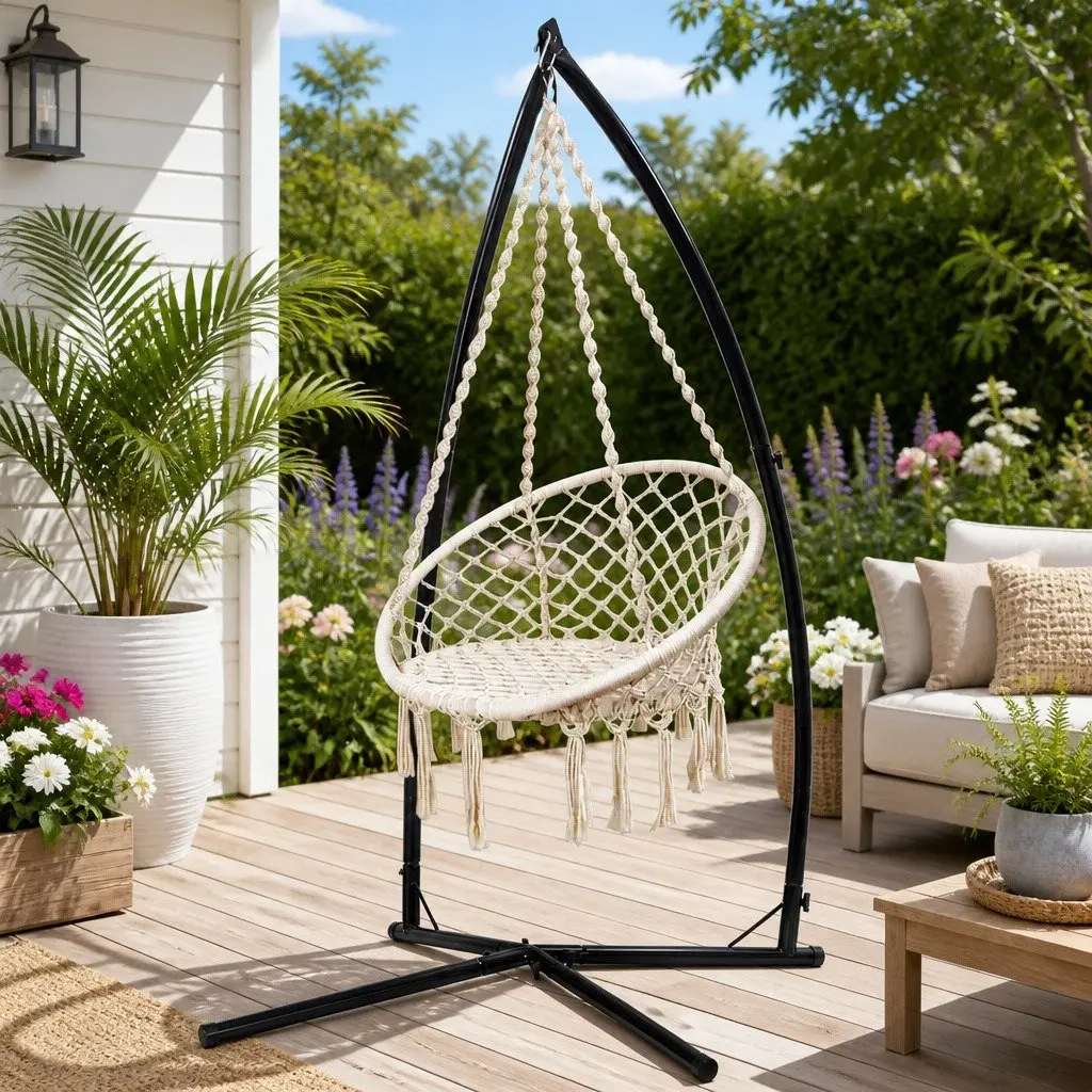 Hammock Chair Macrame Cotton Polyester Cream Outdoor Swinging Relaxation Seat with Steel Stand