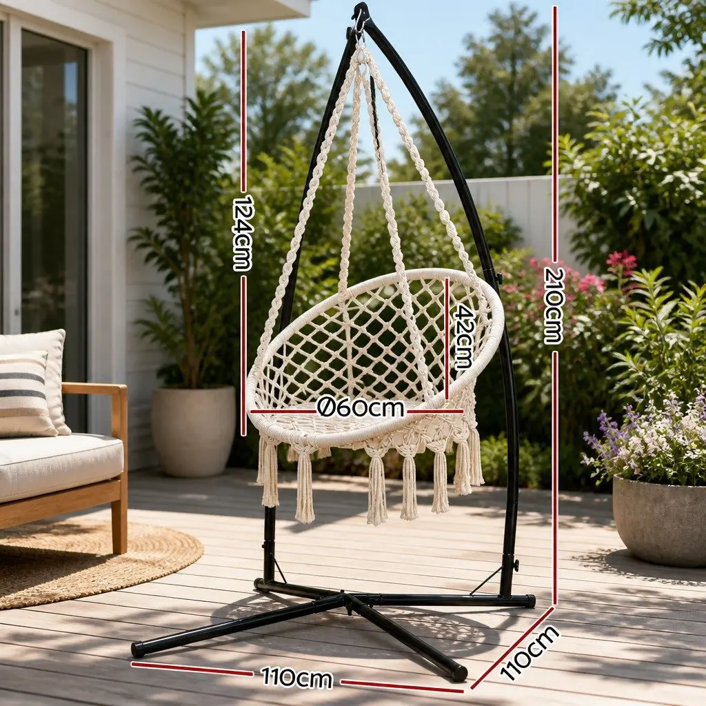 Hammock Chair Macrame Cotton Polyester Cream Outdoor Swinging Relaxation Seat with Steel Stand