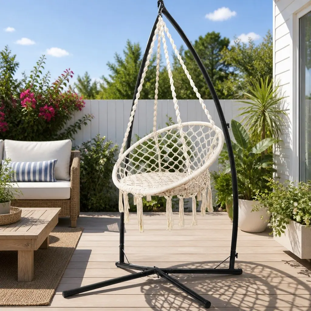 Hammock Chair Macrame Cotton Polyester Cream Outdoor Swinging Relaxation Seat with Steel Stand