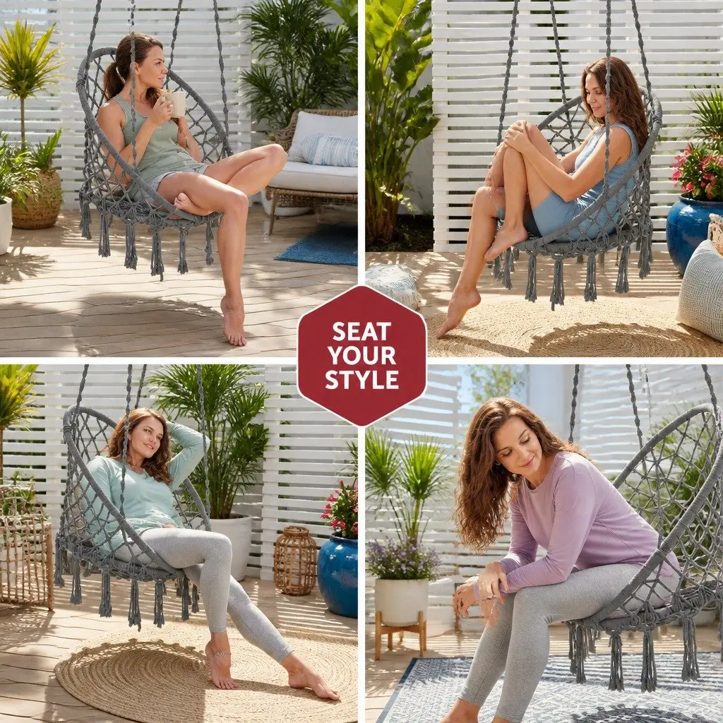 Hammock Chair Outdoor Hanging Macrame Cotton Grey Indoor Relaxation Swing