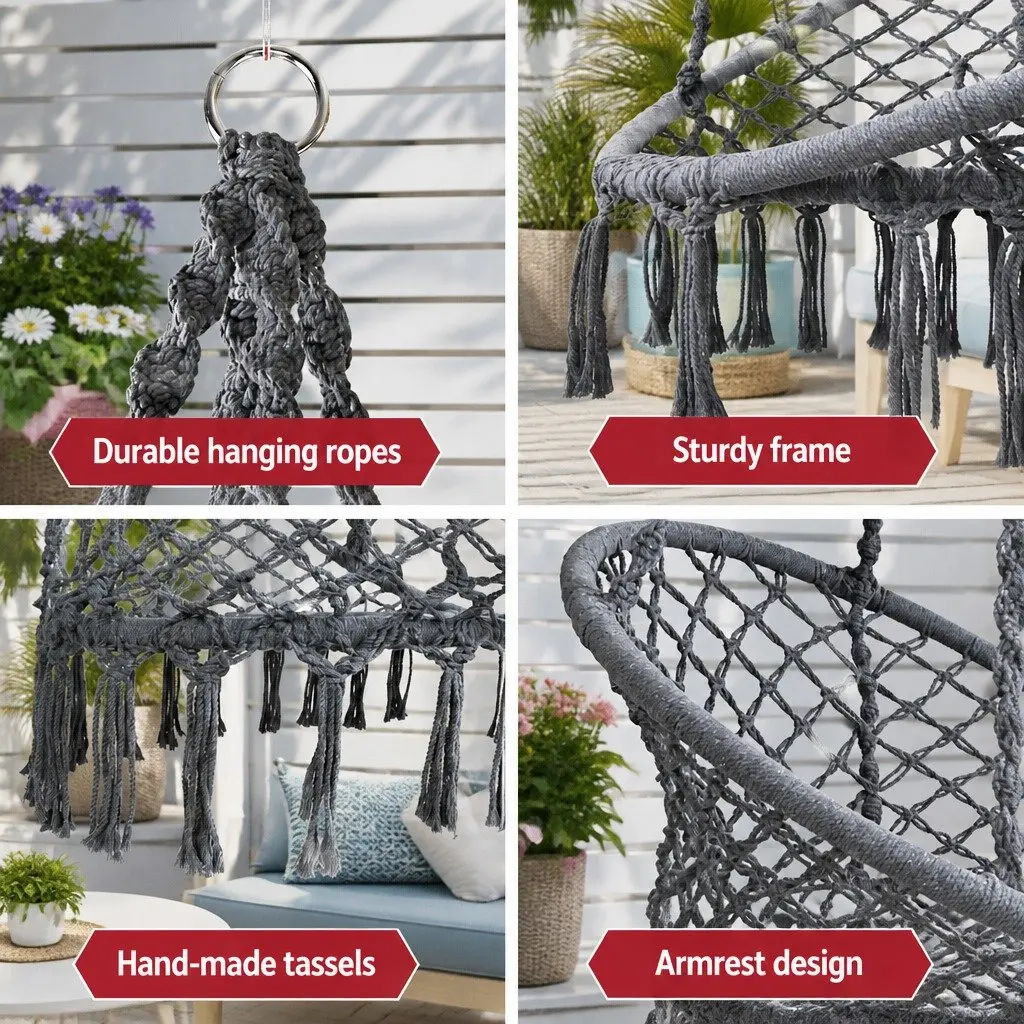 Hammock Chair Outdoor Hanging Macrame Cotton Grey Indoor Relaxation Swing