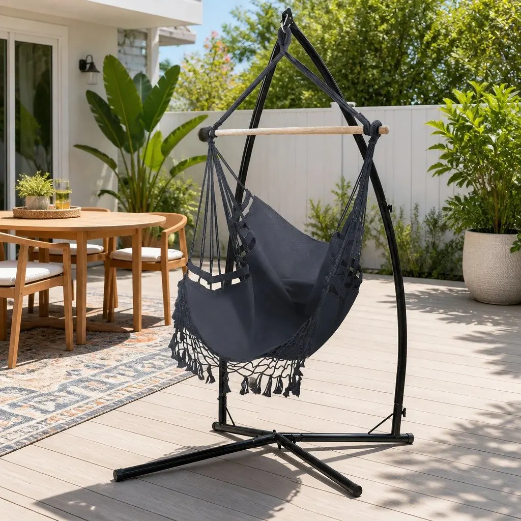 Outdoor Hammock Chair with Steel Stand and Tassels in Grey
