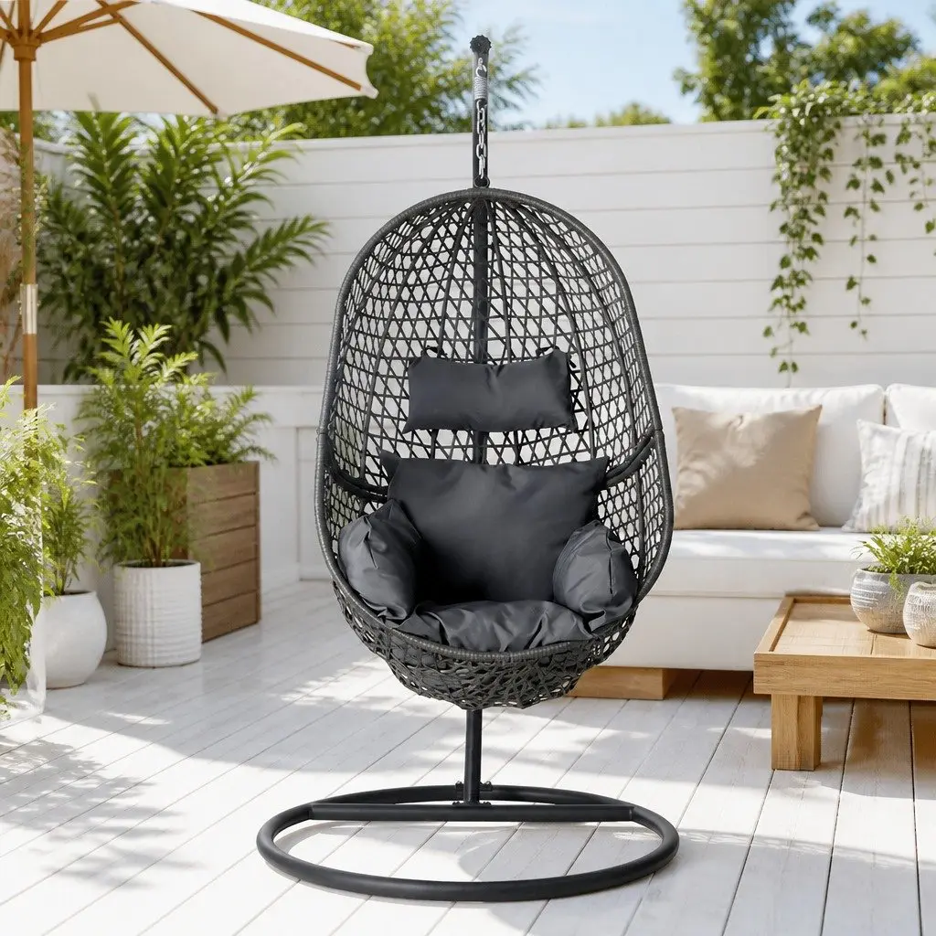 Outdoor Swing Chair Resin Wicker 105cm H x 195cm Black with Cushion