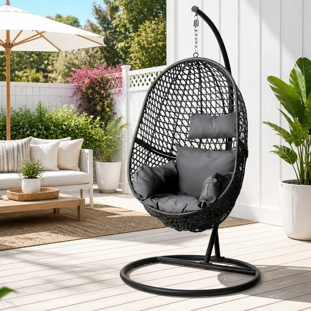 Outdoor Swing Chair Resin Wicker 105cm H x 195cm Black with Cushion