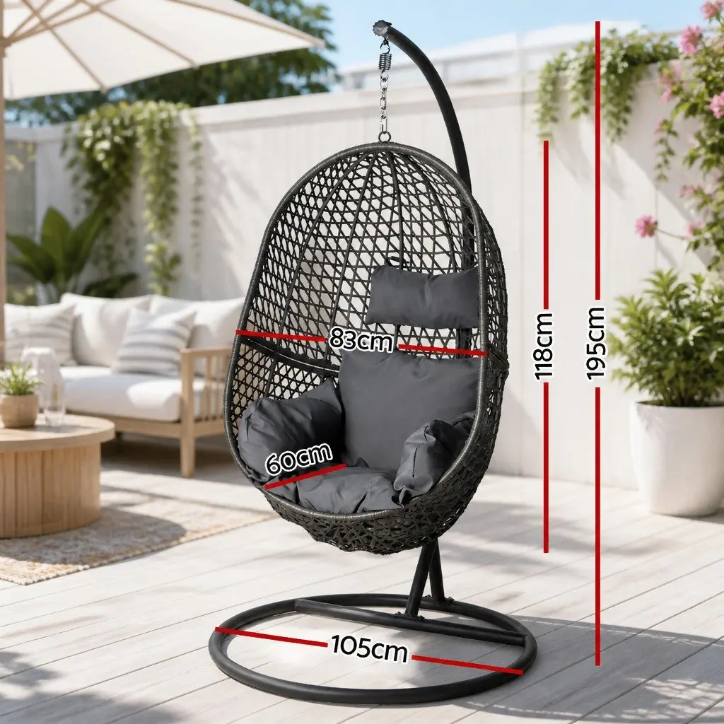 Outdoor Swing Chair Resin Wicker 105cm H x 195cm Black with Cushion