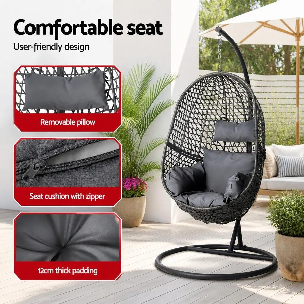 Outdoor Swing Chair Resin Wicker 105cm H x 195cm Black with Cushion