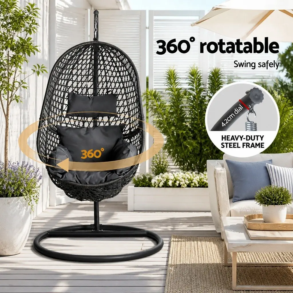 Outdoor Swing Chair Resin Wicker 105cm H x 195cm Black with Cushion