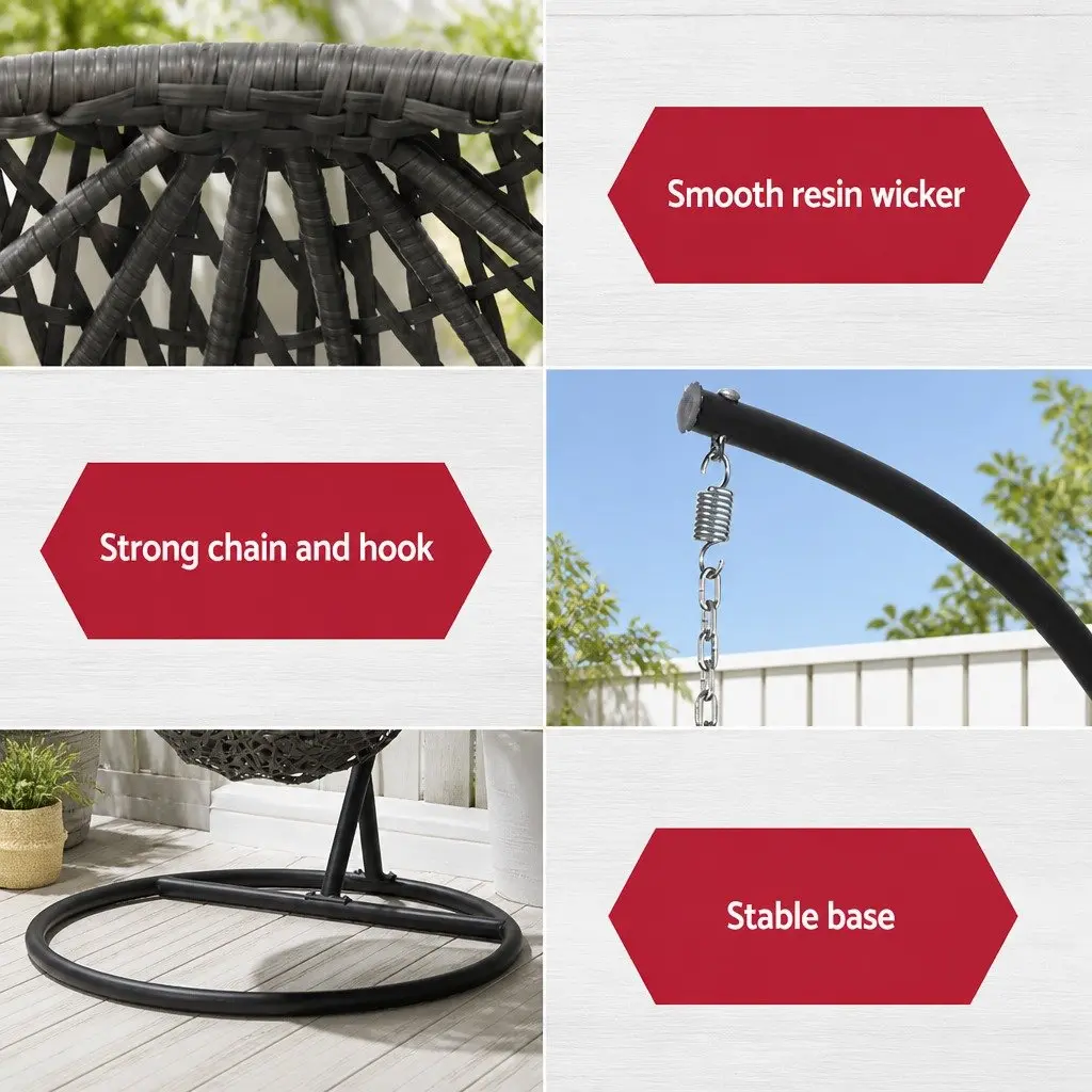 Outdoor Swing Chair Resin Wicker 105cm H x 195cm Black with Cushion