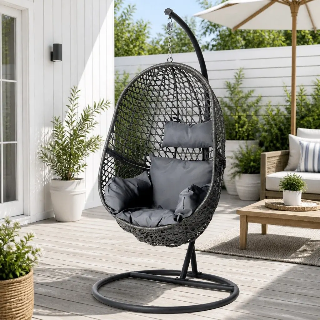 Outdoor Swing Chair Resin Wicker 105cm H x 195cm Black with Cushion