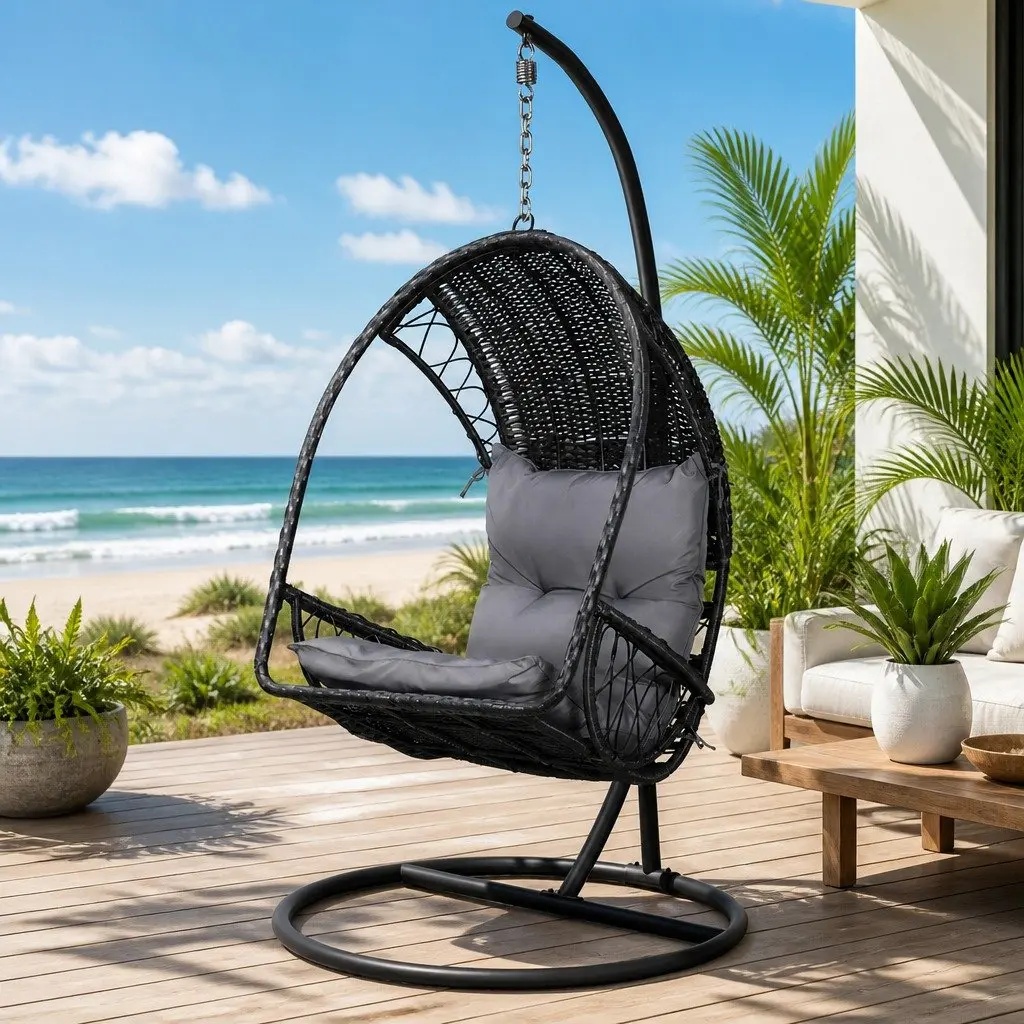 Hanging Egg Swing Chair Resin Wicker Black with Stand