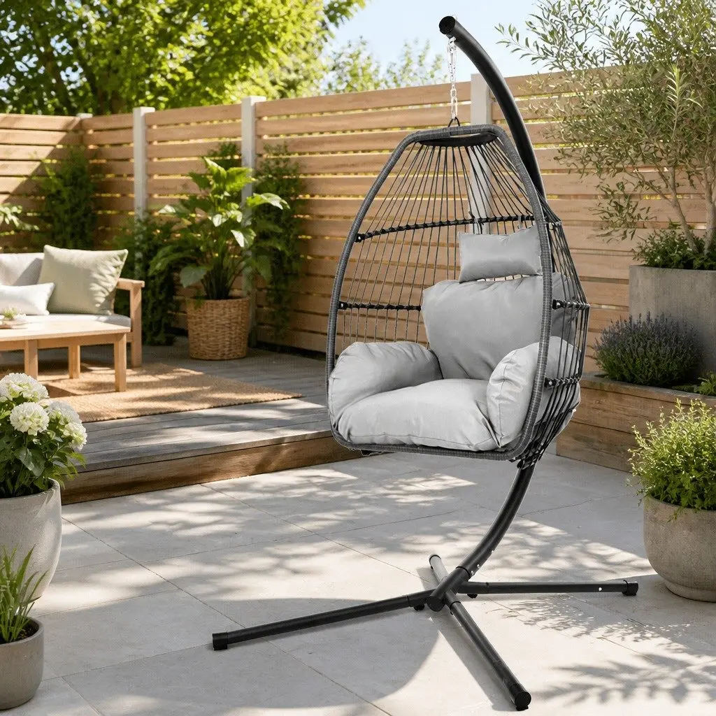 Hanging Egg Chair Wicker Pod Cushion Grey Outdoor Furniture