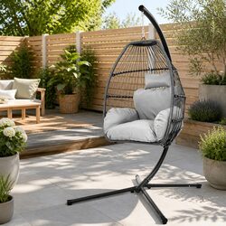 Outdoor Wicker Egg Swing Chair with Cushion in Grey