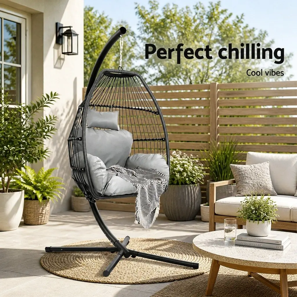 Hanging Egg Chair Wicker Pod Cushion Grey Outdoor Furniture
