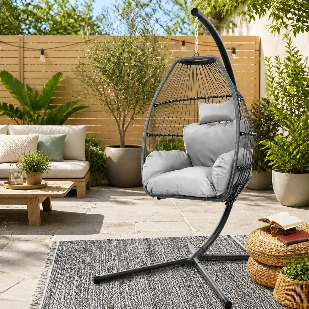 Hanging Egg Chair Wicker Pod Cushion Grey Outdoor Furniture