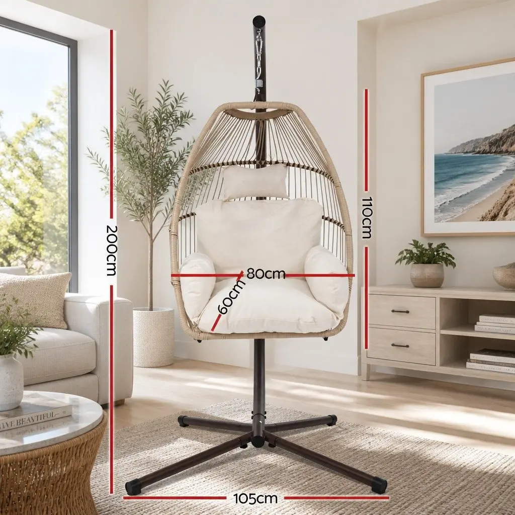Hanging Egg Chair Pod Swing Wicker Resin 80cm x 60cm x 110cm Latte with Powder-coated Steel Frame 116cm x 105cm x 200cm