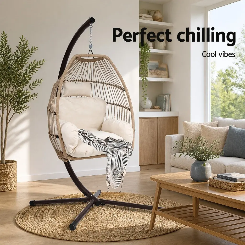 Hanging Egg Chair Pod Swing Wicker Resin 80cm x 60cm x 110cm Latte with Powder-coated Steel Frame 116cm x 105cm x 200cm