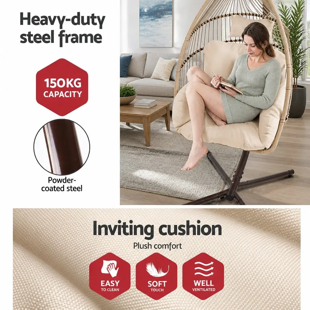 Hanging Egg Chair Pod Swing Wicker Resin 80cm x 60cm x 110cm Latte with Powder-coated Steel Frame 116cm x 105cm x 200cm