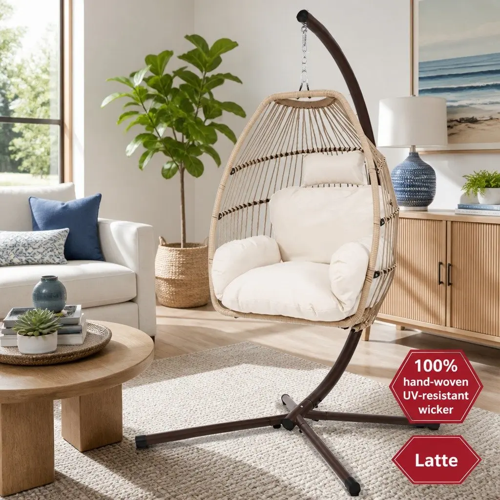 Hanging Egg Chair Pod Swing Wicker Resin 80cm x 60cm x 110cm Latte with Powder-coated Steel Frame 116cm x 105cm x 200cm