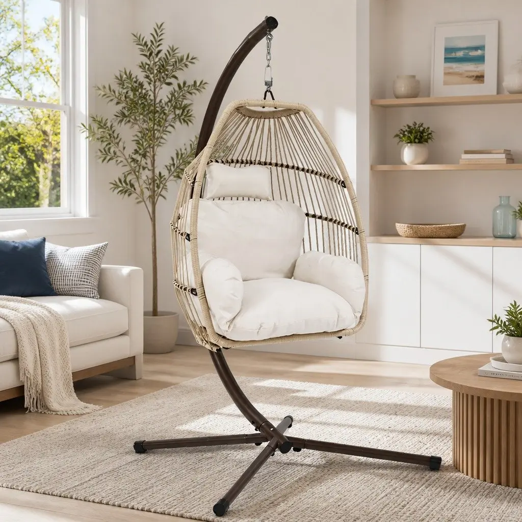 Hanging Egg Chair Pod Swing Wicker Resin 80cm x 60cm x 110cm Latte with Powder-coated Steel Frame 116cm x 105cm x 200cm