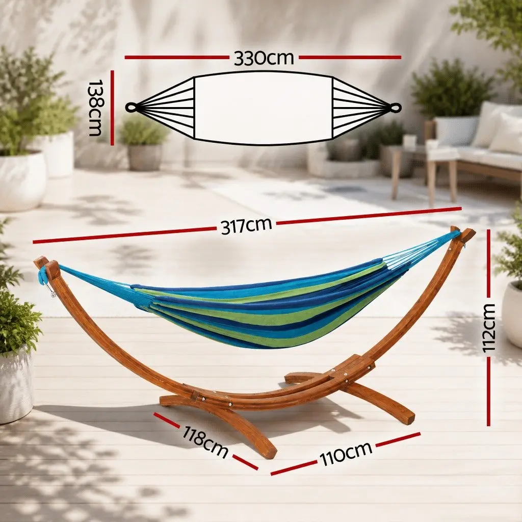 Hammock Bed Polyester Cotton Blend Sky Blue Wooden Stand 2-Person Size