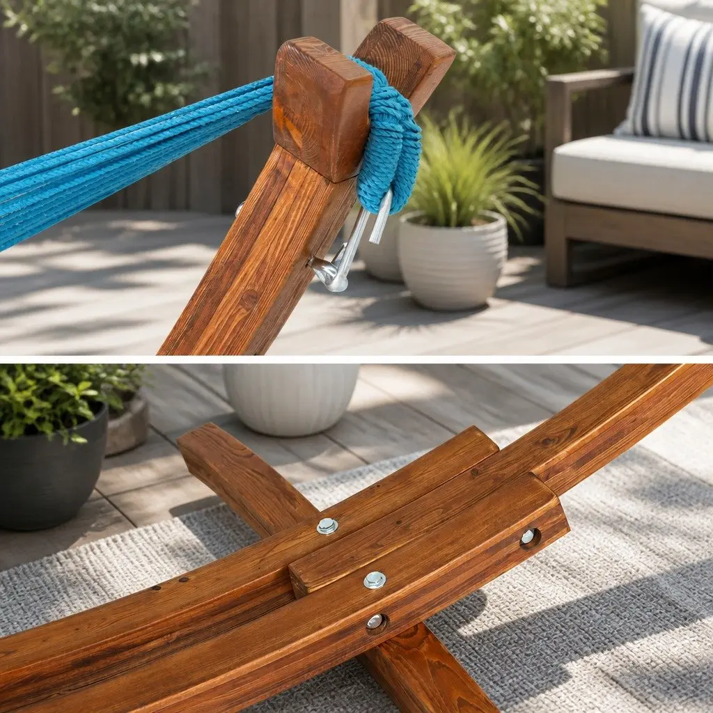 Hammock Bed Polyester Cotton Blend Sky Blue Wooden Stand 2-Person Size