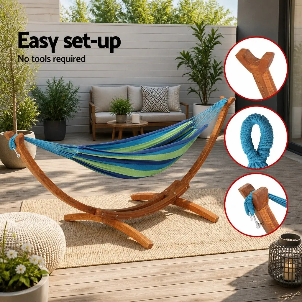 Hammock Bed Polyester Cotton Blend Sky Blue Wooden Stand 2-Person Size