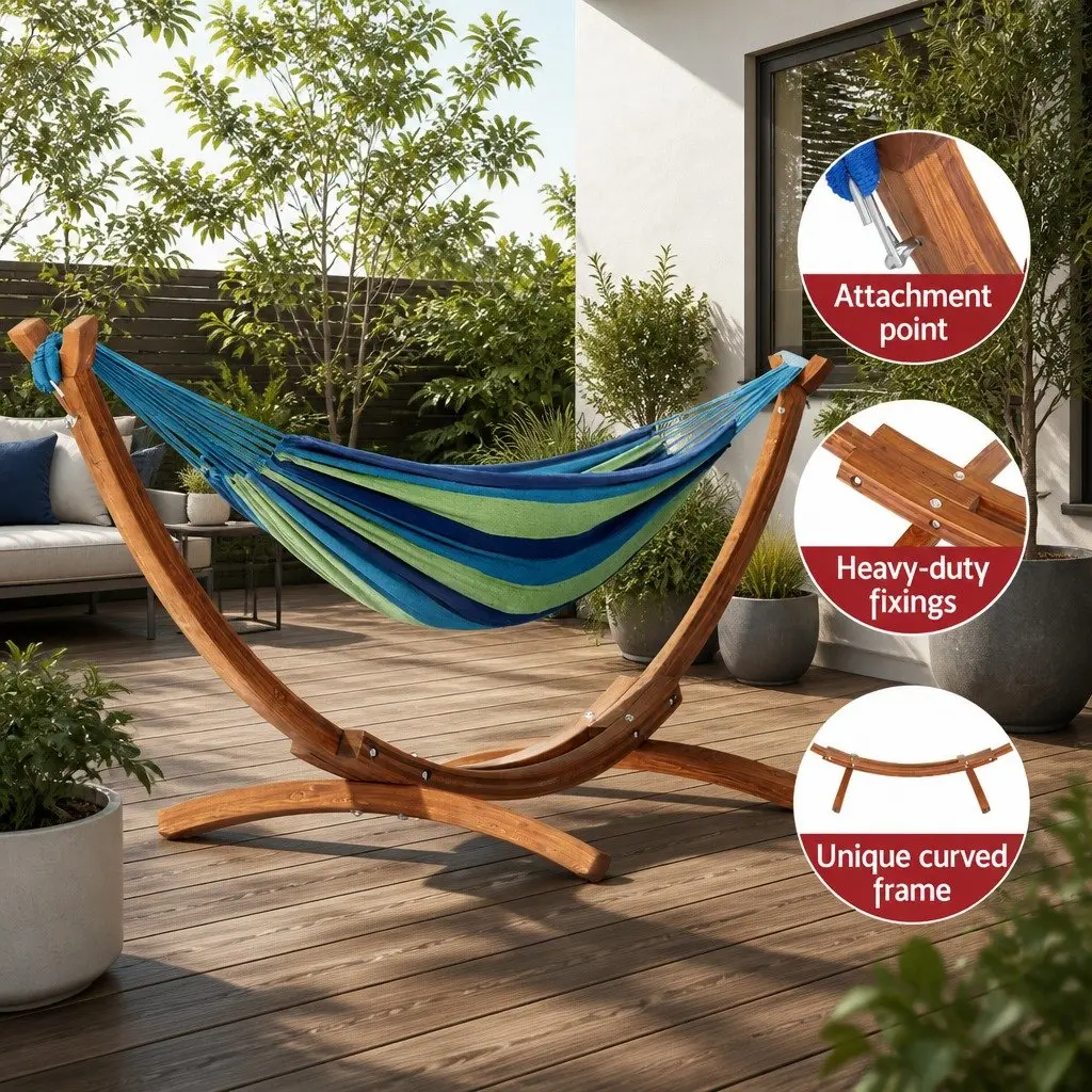 Hammock Bed Polyester Cotton Blend Sky Blue Wooden Stand 2-Person Size