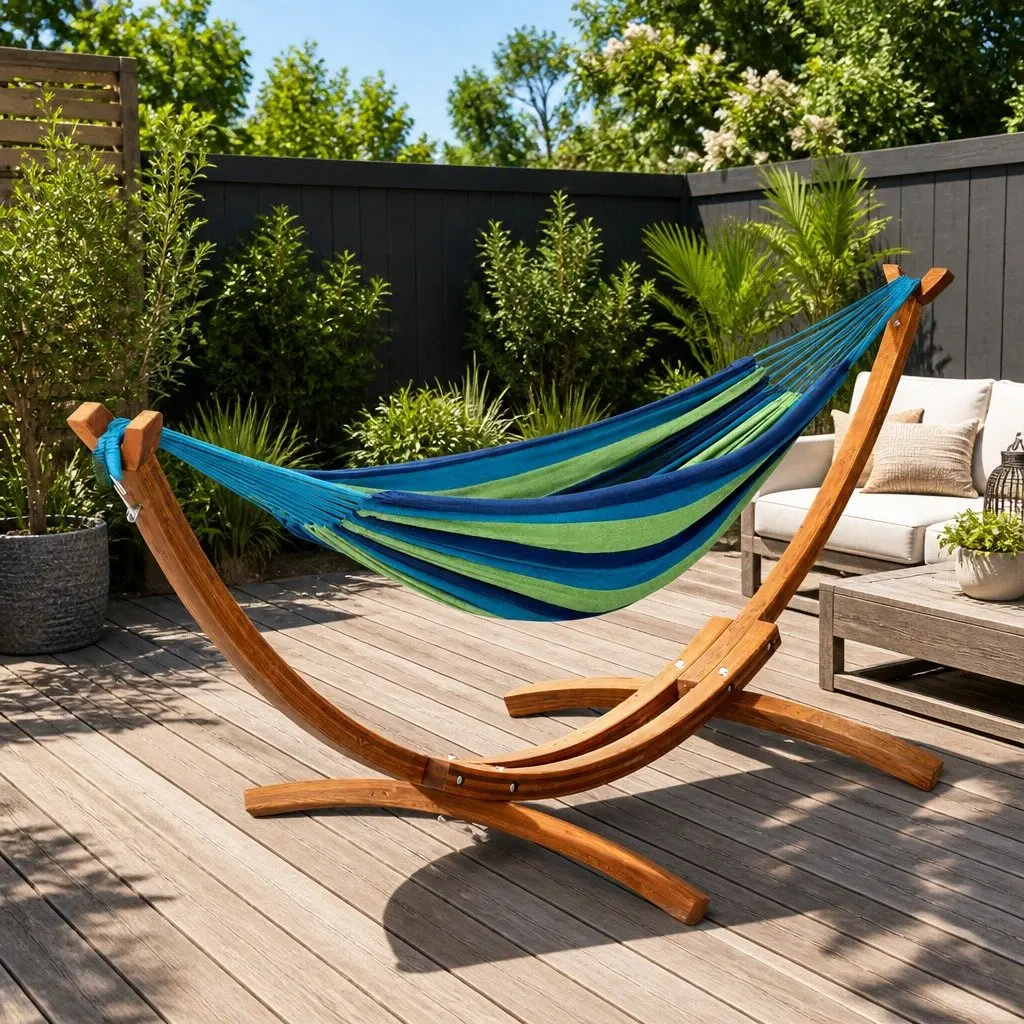Hammock Bed Polyester Cotton Blend Sky Blue Wooden Stand 2-Person Size