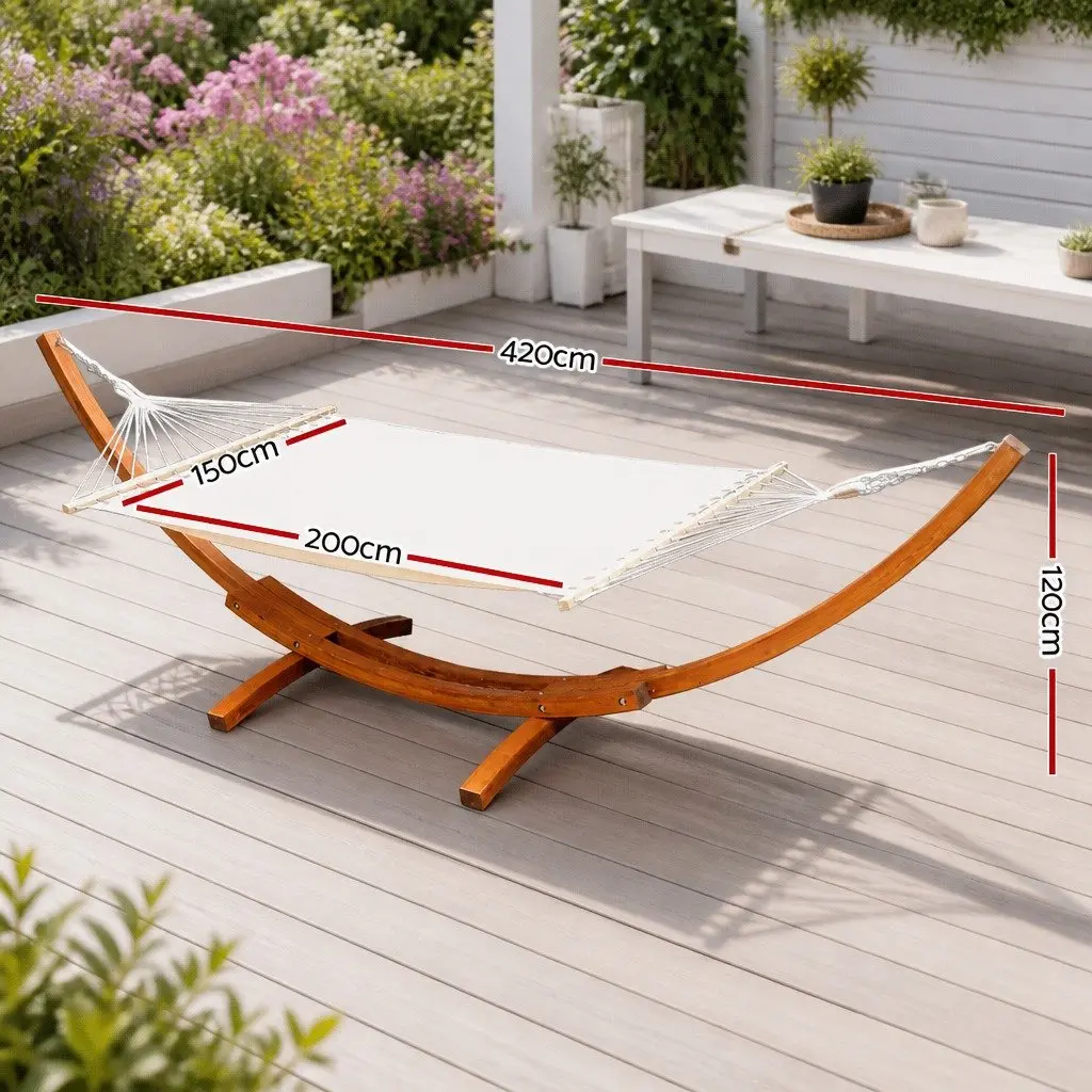 Hammock Bed Polyester-Cotton Cream Timber Stand Frame 2-Person