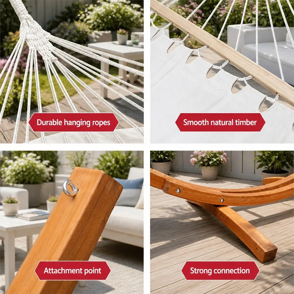 Hammock Bed Polyester-Cotton Cream Timber Stand Frame 2-Person