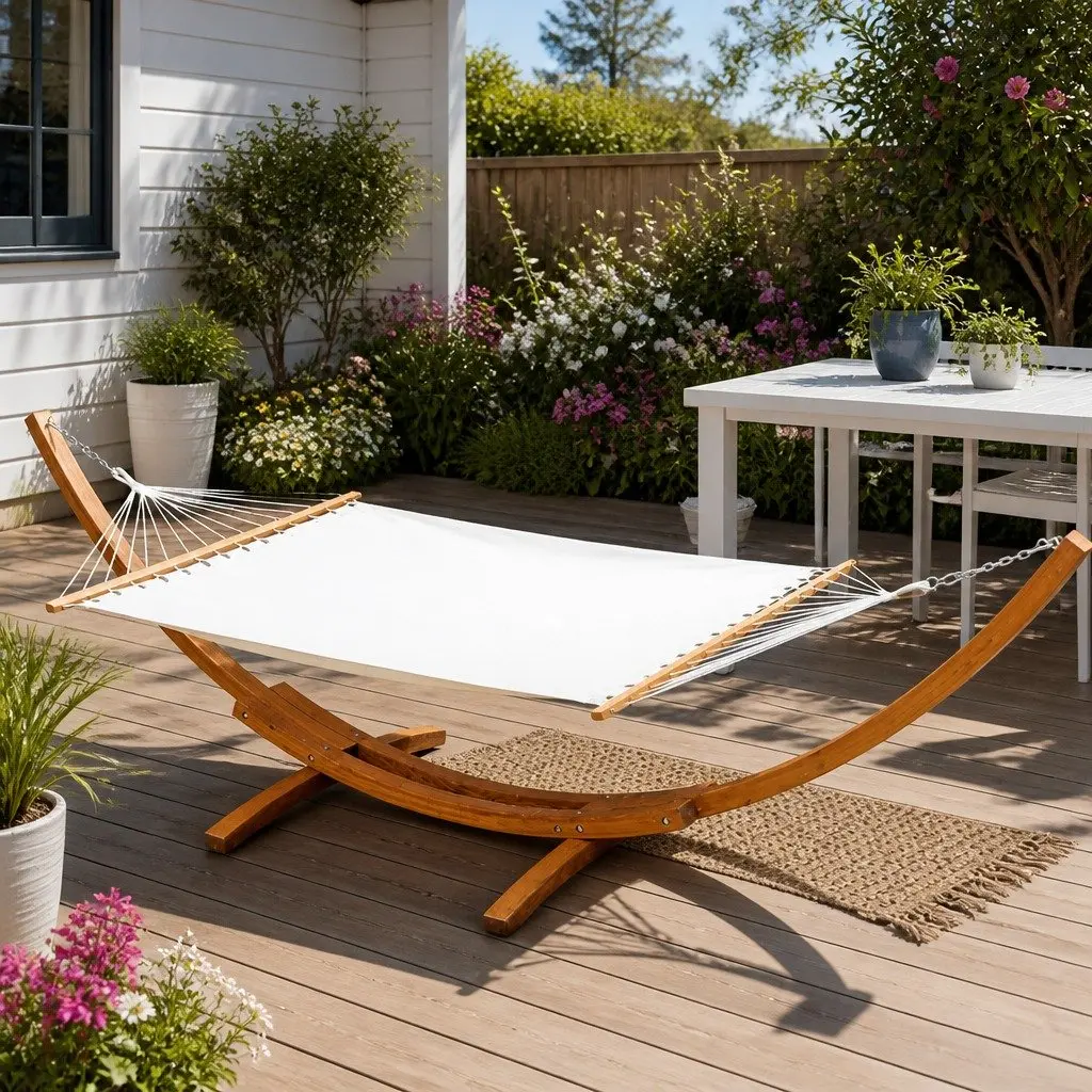 Hammock Bed Polyester-Cotton Cream Timber Stand Frame 2-Person