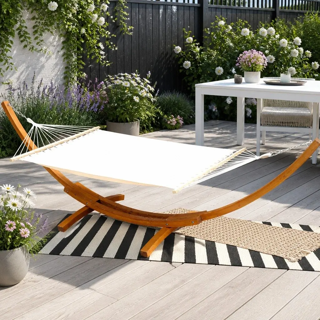 Hammock Bed Polyester-Cotton Cream Timber Stand Frame 2-Person