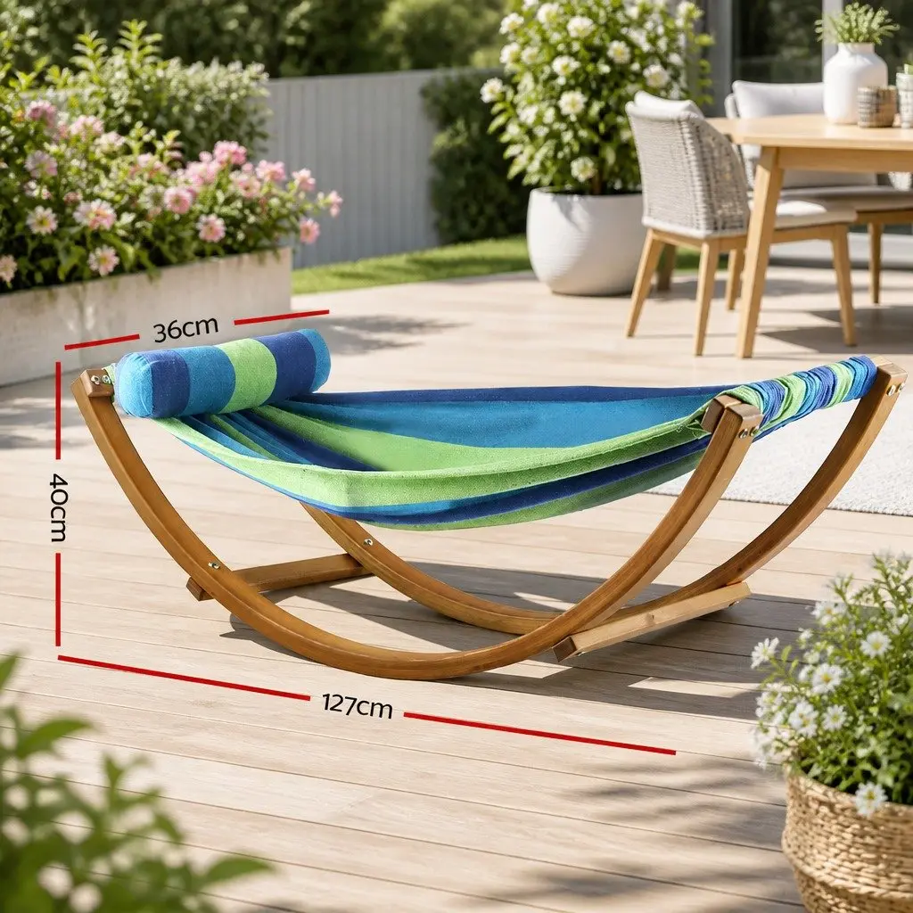 Hammock Bed Polyester Cotton Blend Sky Blue Curved Larch Wood Single Person Outdoor Camping Relax Swing Stand