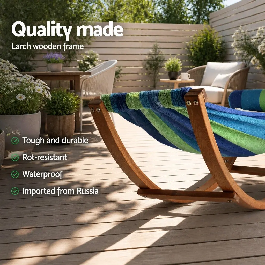 Hammock Bed Polyester Cotton Blend Sky Blue Curved Larch Wood Single Person Outdoor Camping Relax Swing Stand