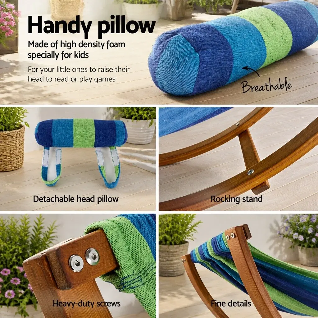 Hammock Bed Polyester Cotton Blend Sky Blue Curved Larch Wood Single Person Outdoor Camping Relax Swing Stand