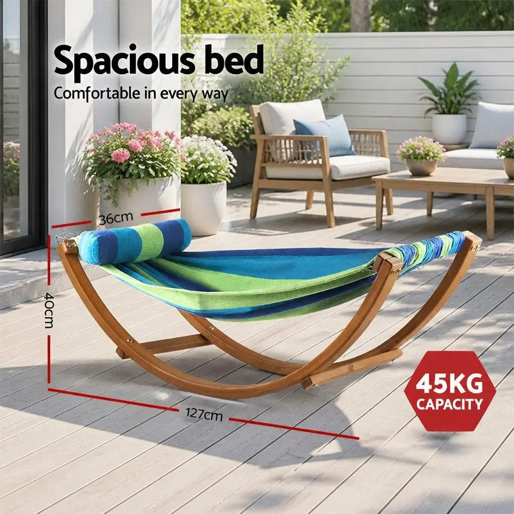 Hammock Bed Polyester Cotton Blend Sky Blue Curved Larch Wood Single Person Outdoor Camping Relax Swing Stand