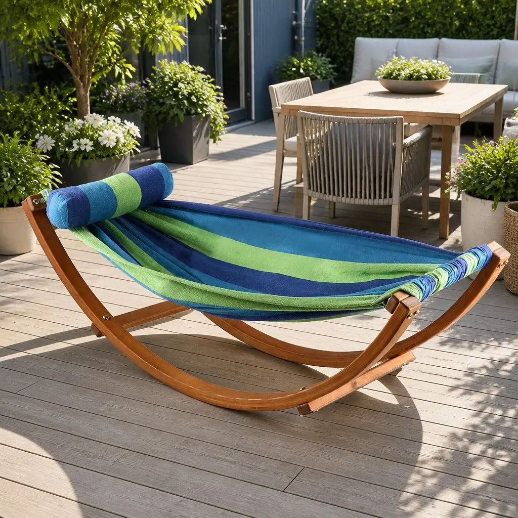 Hammock Bed Polyester Cotton Blend Sky Blue Curved Larch Wood Single Person Outdoor Camping Relax Swing Stand