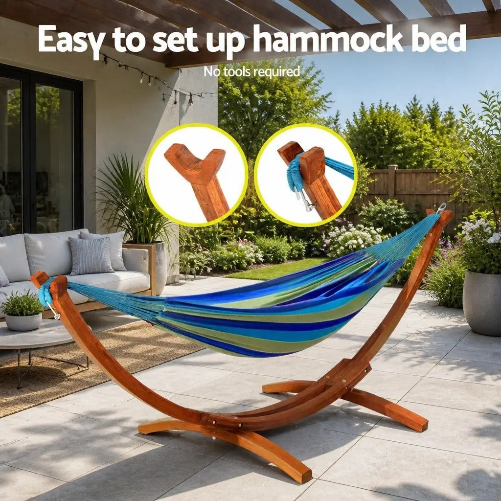 Hammock Bed Stand Larch Wood 315cm Curved Oak 2 Person Indoor Outdoor