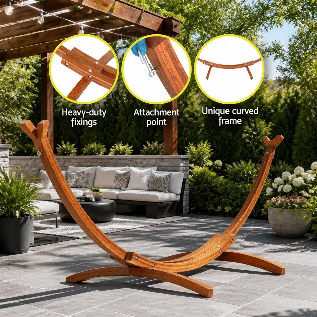 Hammock Bed Stand Larch Wood 315cm Curved Oak 2 Person Indoor Outdoor