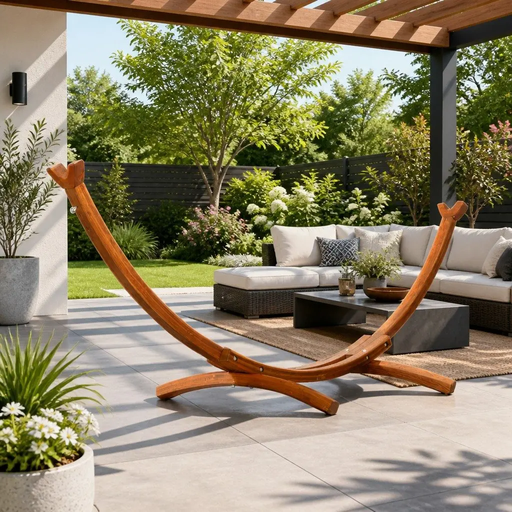 Hammock Bed Stand Larch Wood 315cm Curved Oak 2 Person Indoor Outdoor