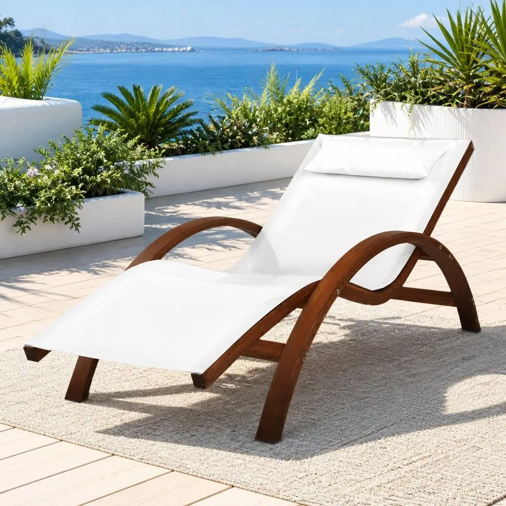 Sun Lounge Wooden Frame Textilene Mesh Cream Outdoor Chair 72cm L x 165cm W x 65cm H
