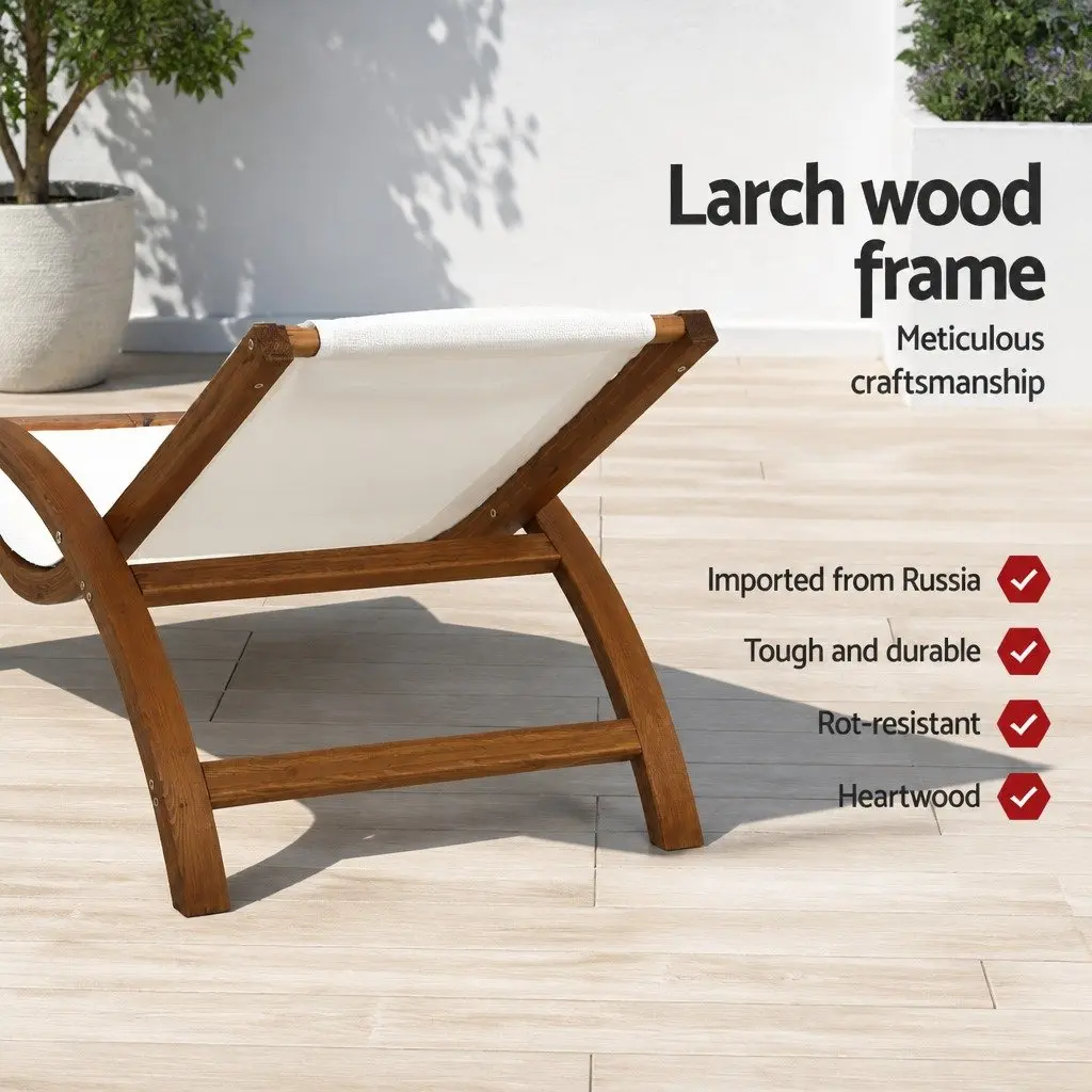 Sun Lounge Wooden Frame Textilene Mesh Cream Outdoor Chair 72cm L x 165cm W x 65cm H