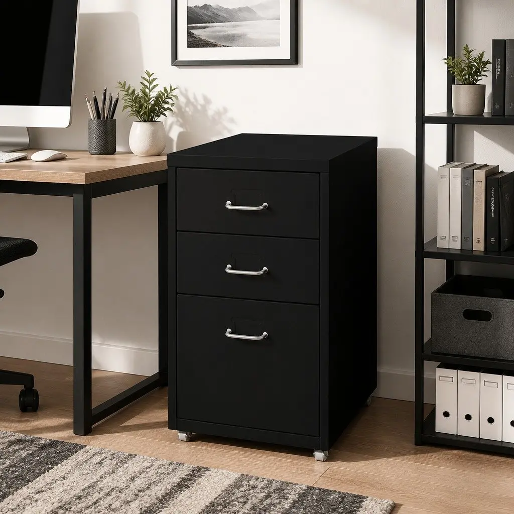 Filing Cabinet Steel 3 Drawer Compact Black Office Storage Organizer