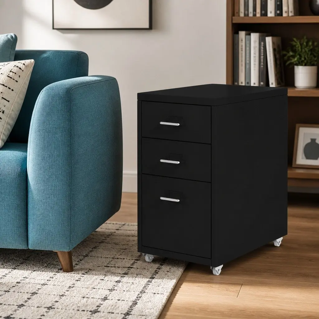 Filing Cabinet Steel 3 Drawer Compact Black Office Storage Organizer