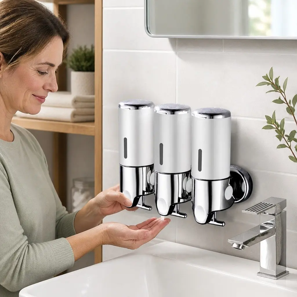 3-Bottle Wall-Mounted Soap Dispenser in Silver