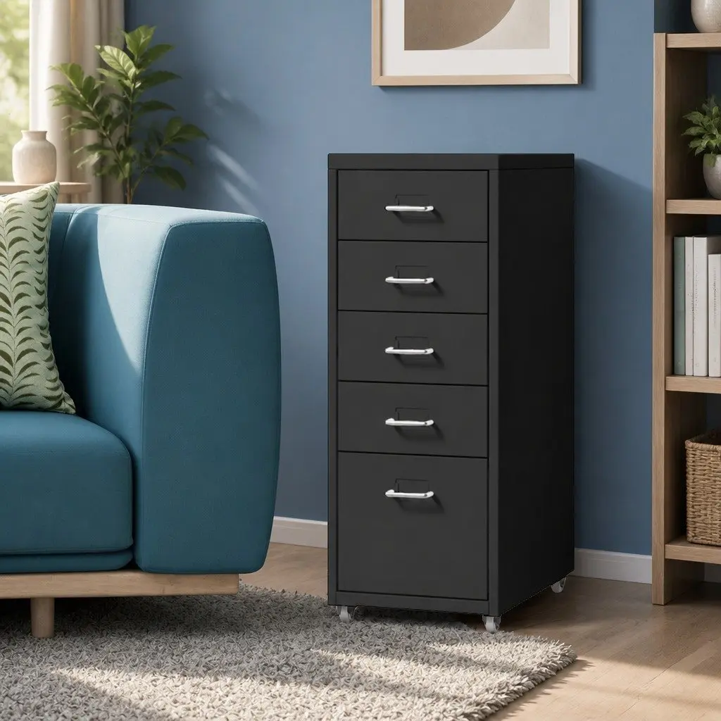5 Drawer Filing Cabinet Steel Compact Black