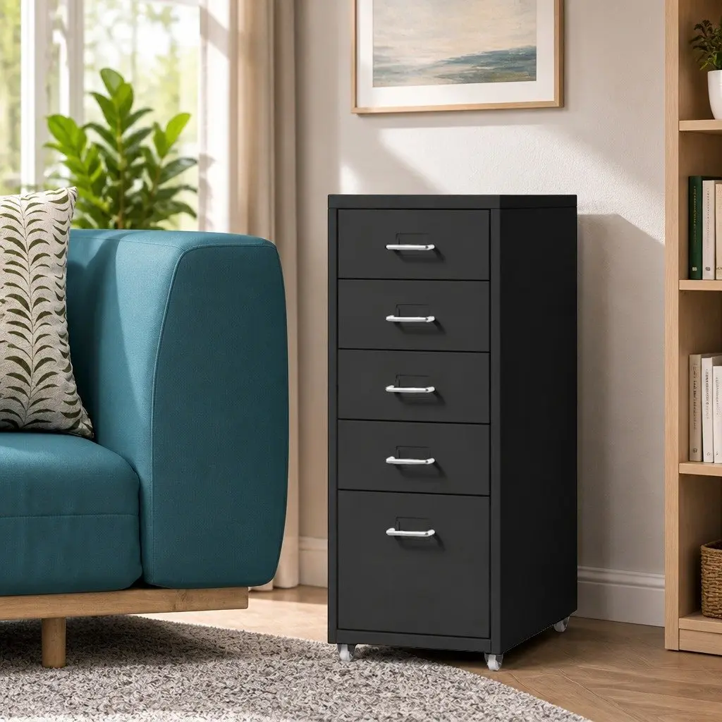 5 Drawer Filing Cabinet Steel Compact Black
