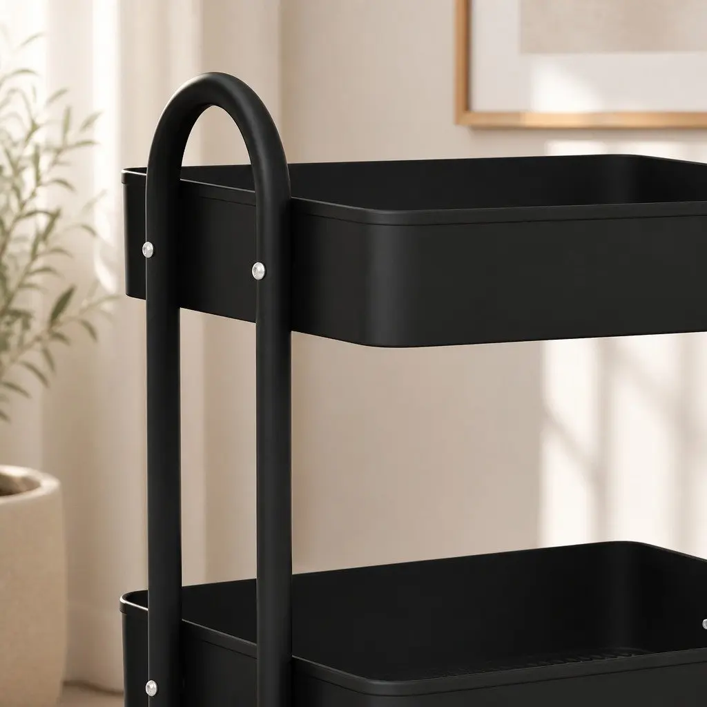 3-Tier Black Steel Kitchen Trolley with Organised Storage
